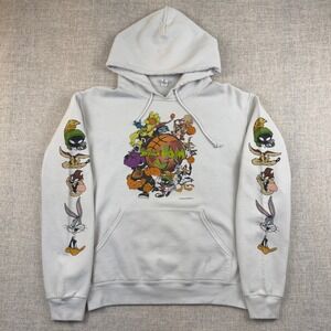 Vintage Space Jam Looney Tunes Hoodie White Cartoon Movie Pullover Men's S